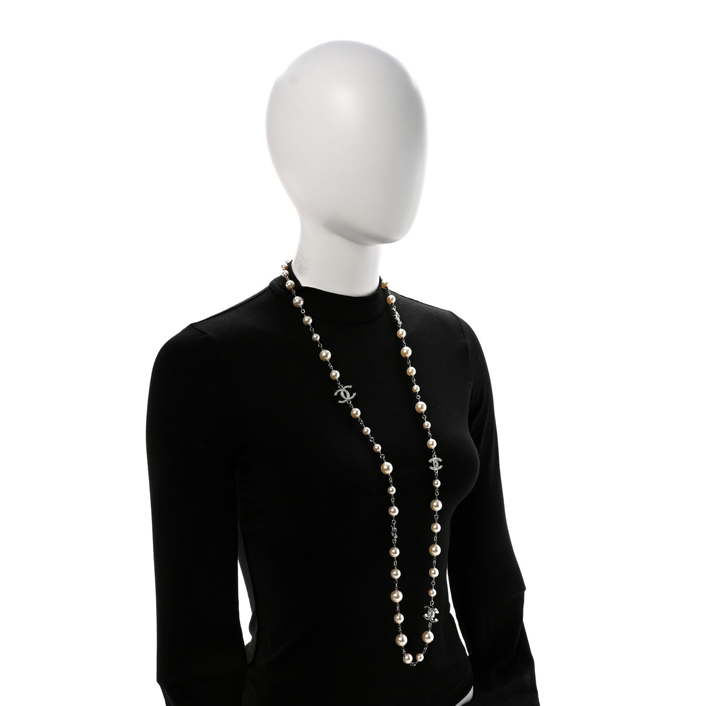 Crystal Pearl CC Long Necklace Silver