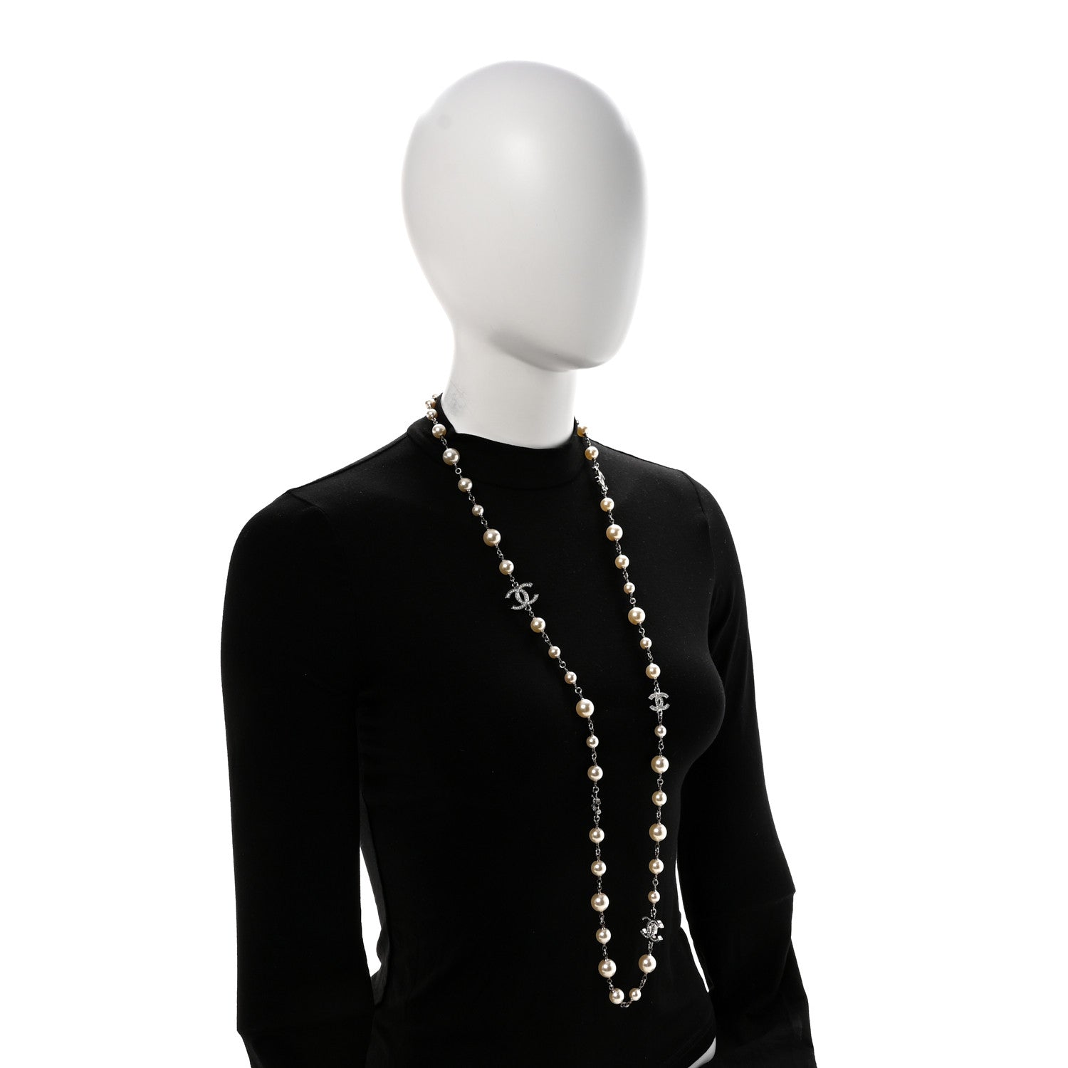 Chanel Crystal Pearl CC Long Necklace Silver 2 of 7
