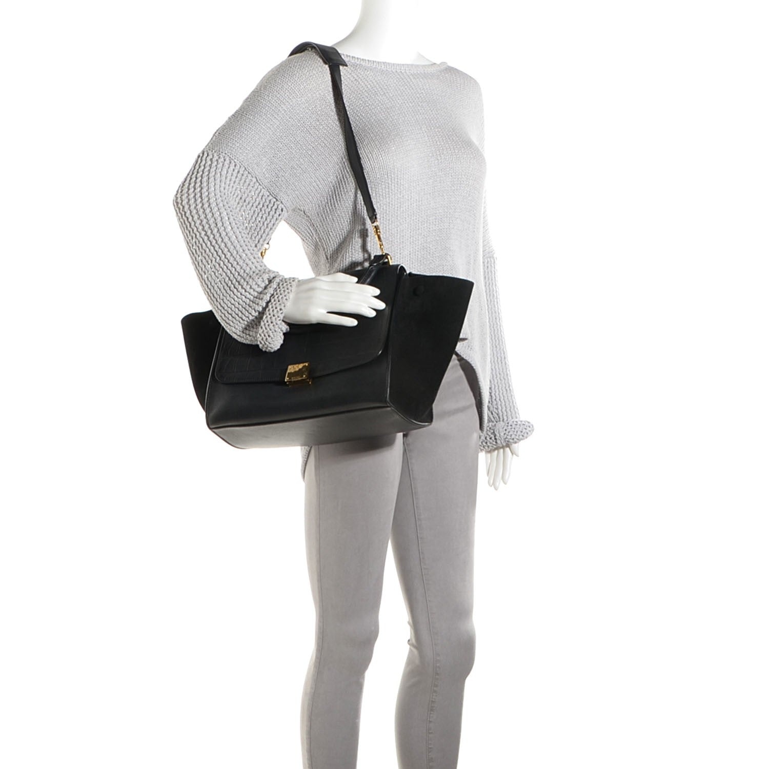 Celine Calfskin Crocodile Embossed Medium Trapeze Black 2 of 9