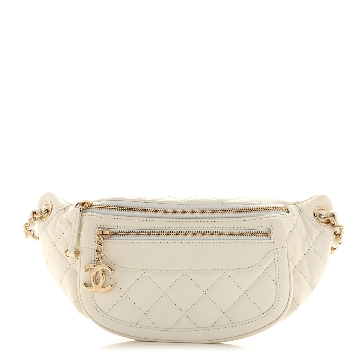 Aged Calfskin Quilted Waist Bag With Coin Purse White