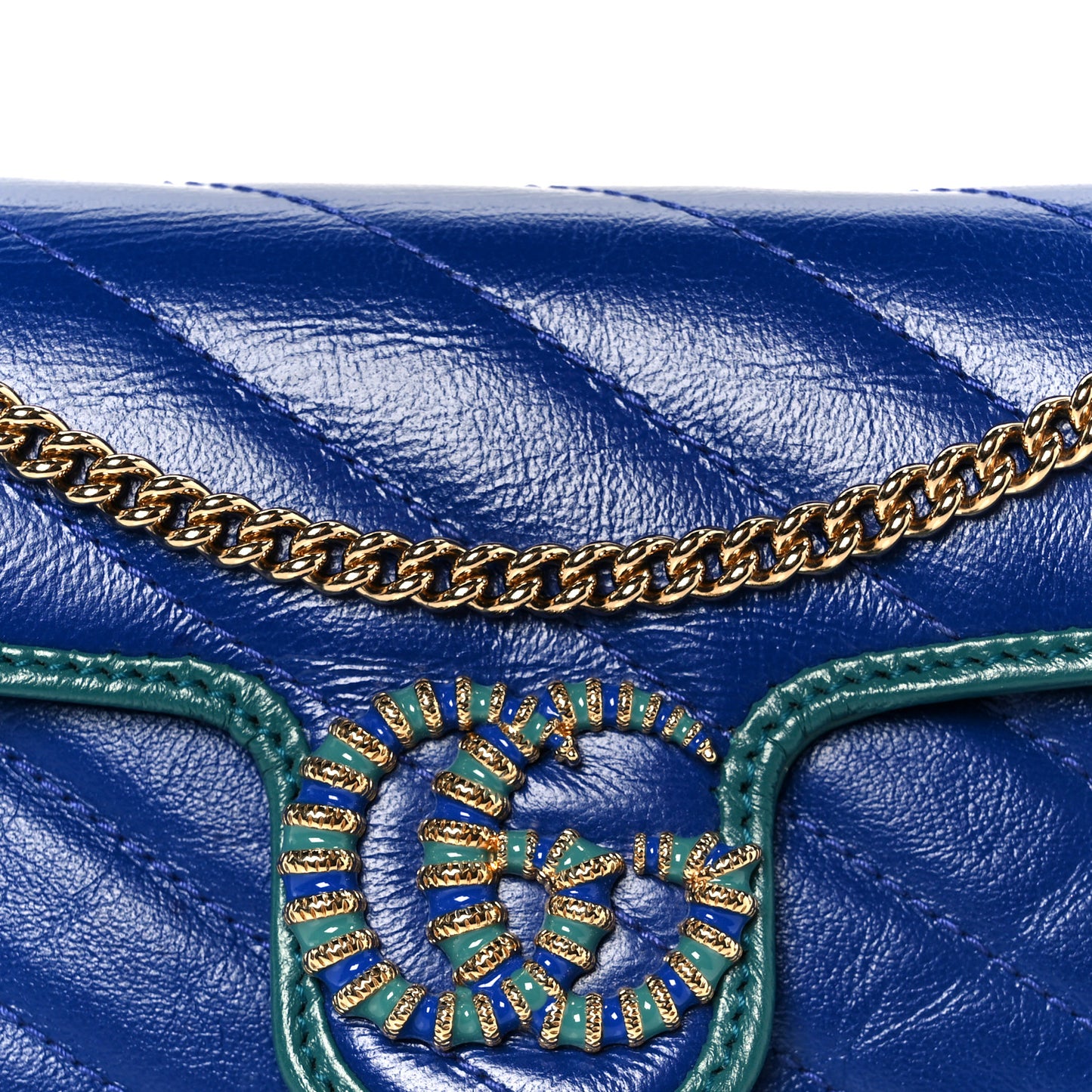 Azalea Calfskin Enamel Matelasse Diagonal Super Mini Torchon GG Marmont Shoulder Bag Imperial Blue Pavone
