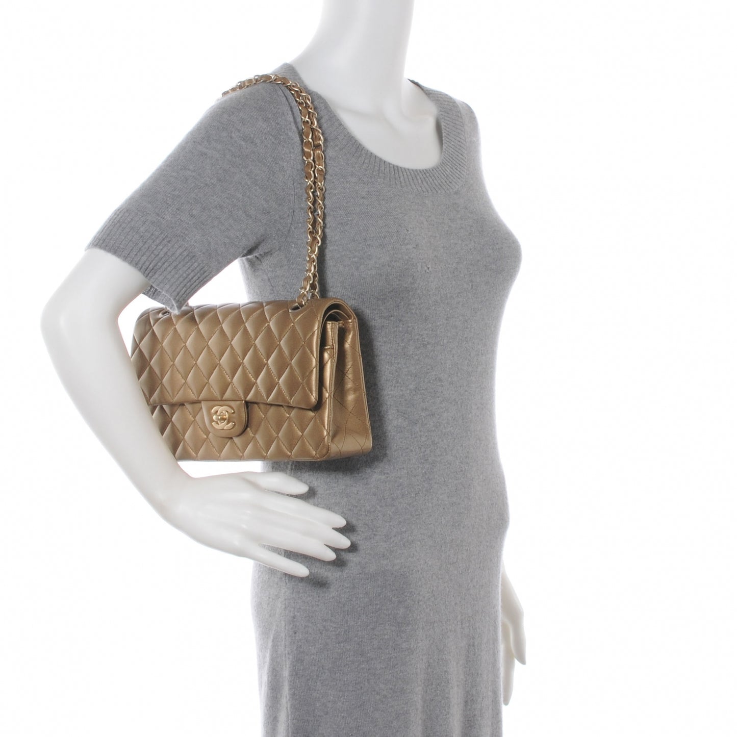 Lambskin Medium Double Flap Metallic Khaki