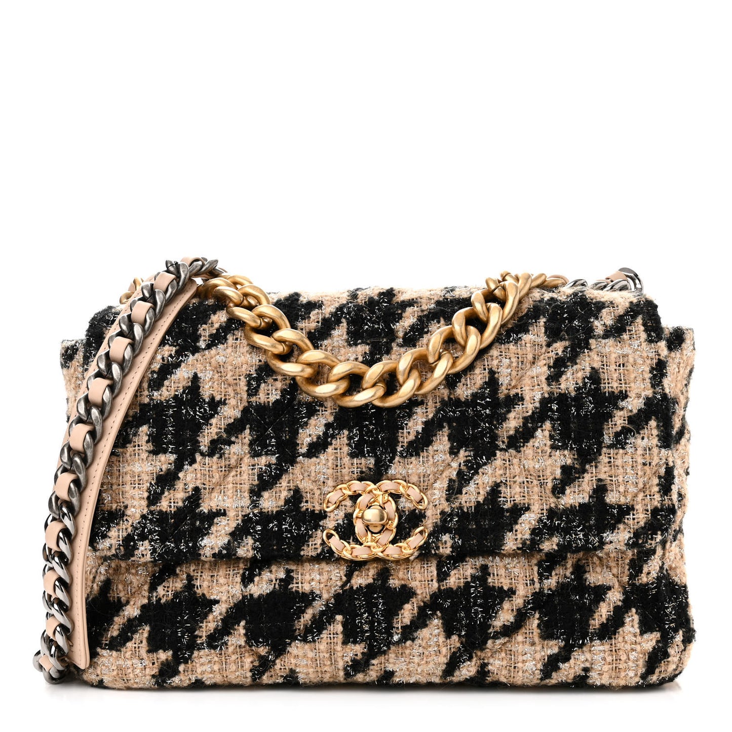Tweed Large Chanel 19 Flap Beige Black