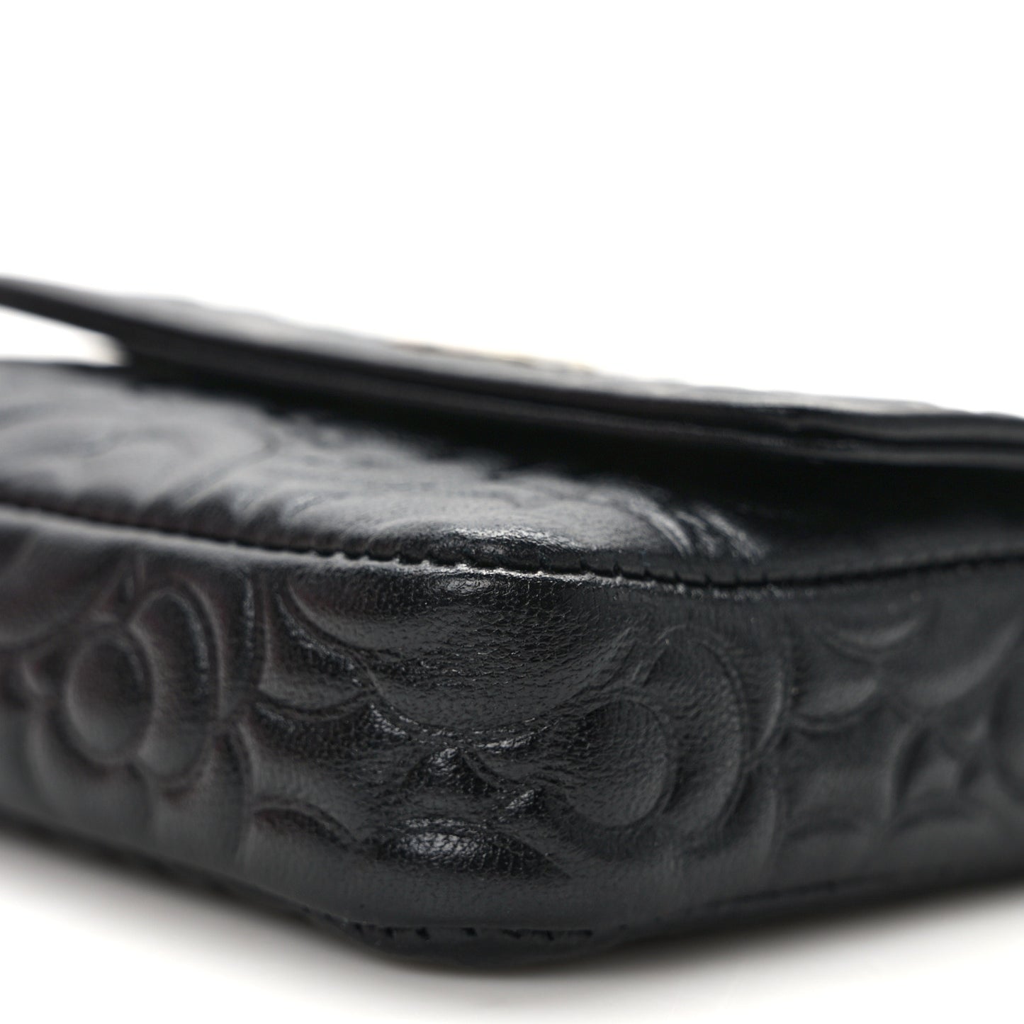 Lambskin Camellia Embossed Chain Belt Bag Black
