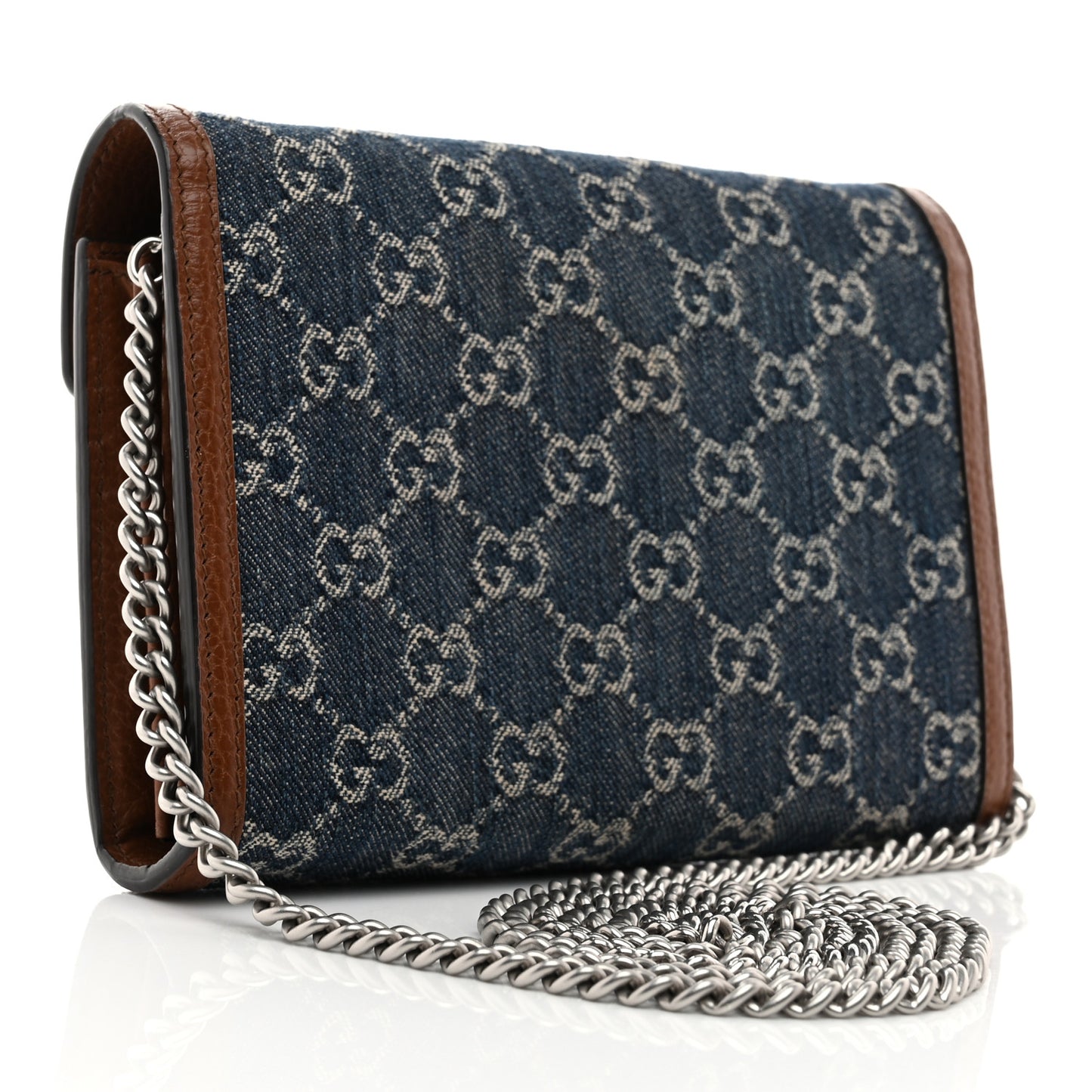 New Denim GG Monogram Dollar Calfskin Enamel Mini Dionysus Chain Wallet Blue Tea Cuir Epilog Electric Blue