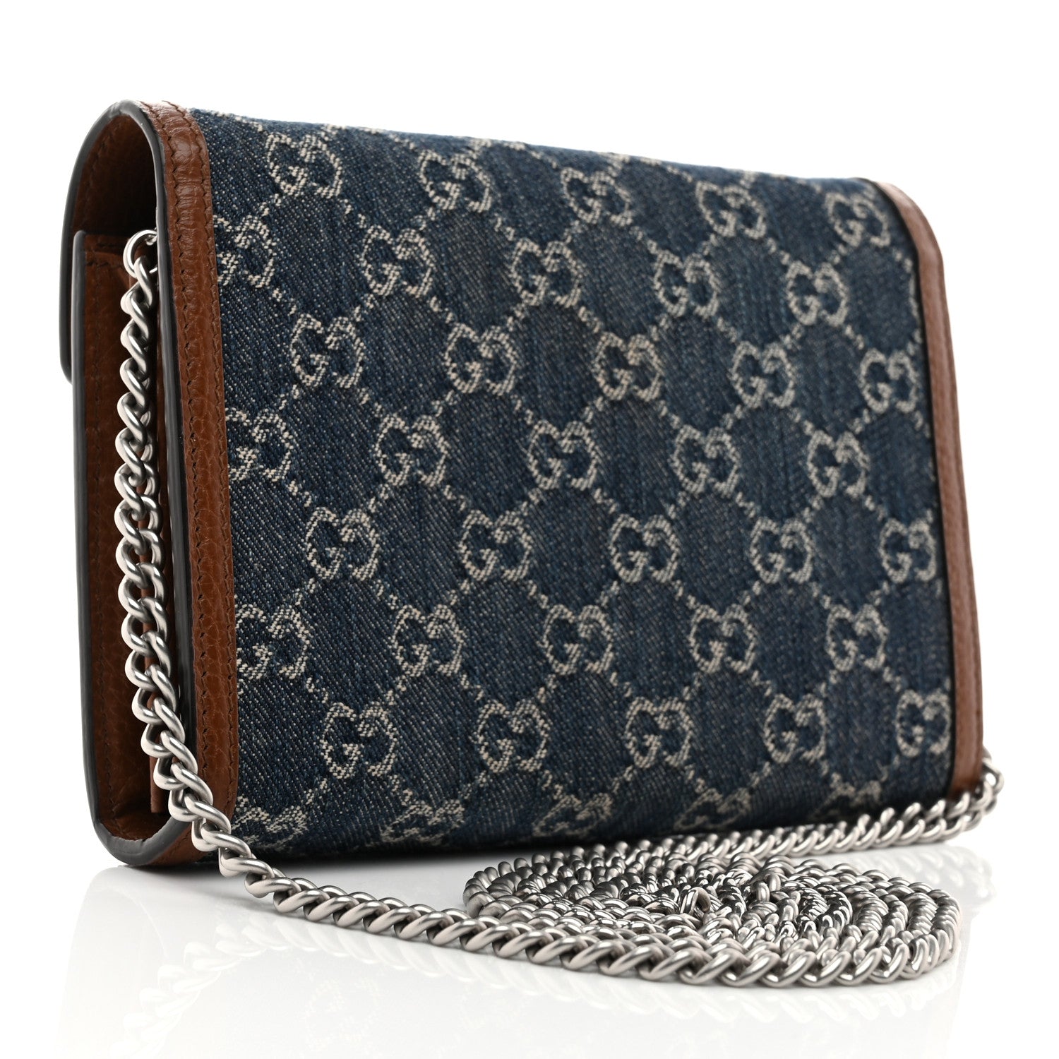 Gucci New Denim GG Monogram Dollar Calfskin Enamel Mini Dionysus Chain Wallet Blue Tea Cuir Epilog Electric Blue 3 of 12