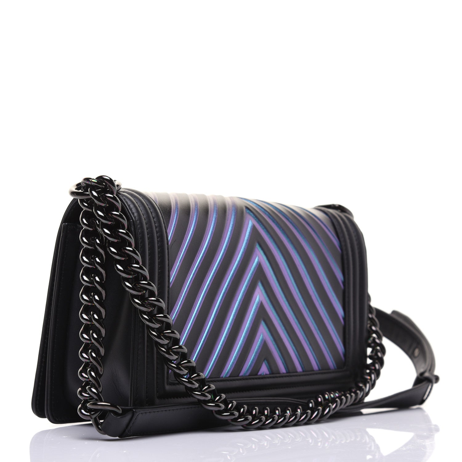 Chanel Calfskin Painted Chevron Embossed Medium Boy Flap Black 3 of 24