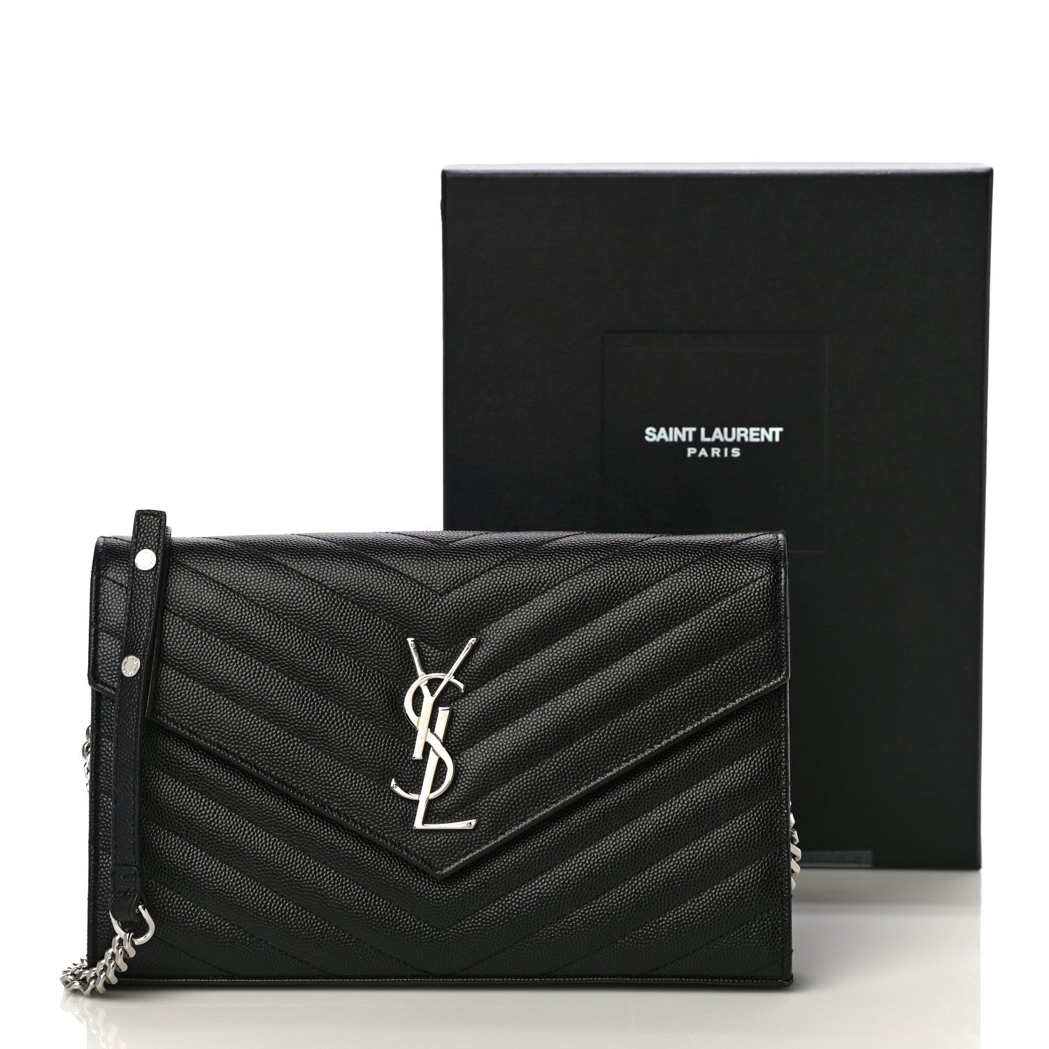 Saint Laurent Grain De Poudre Matelasse Chevron Monogram Chain Wallet Black 11 of 11