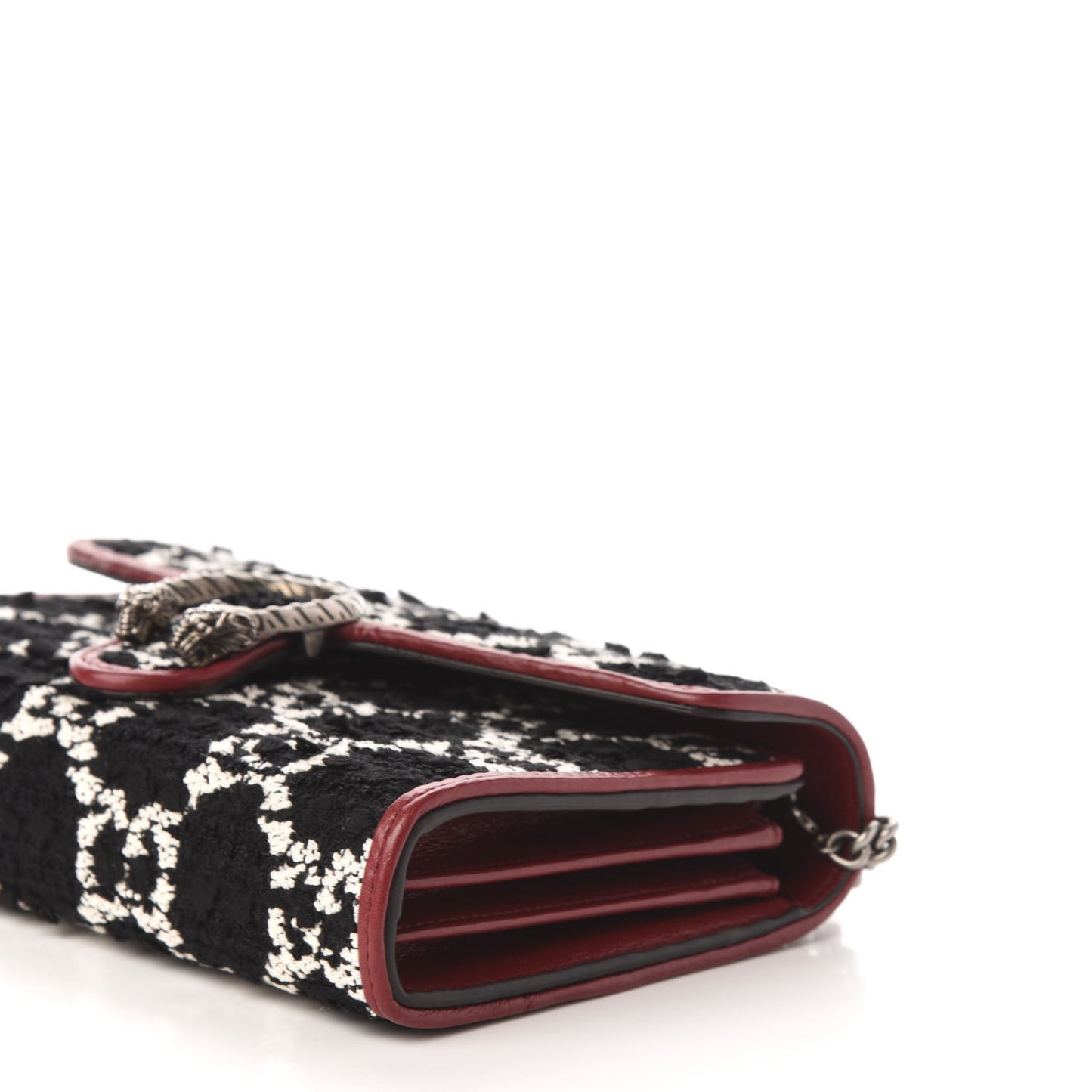 Tweed GG Monogram Mini Dionysus Chain Wallet Black White Romantic Cherry