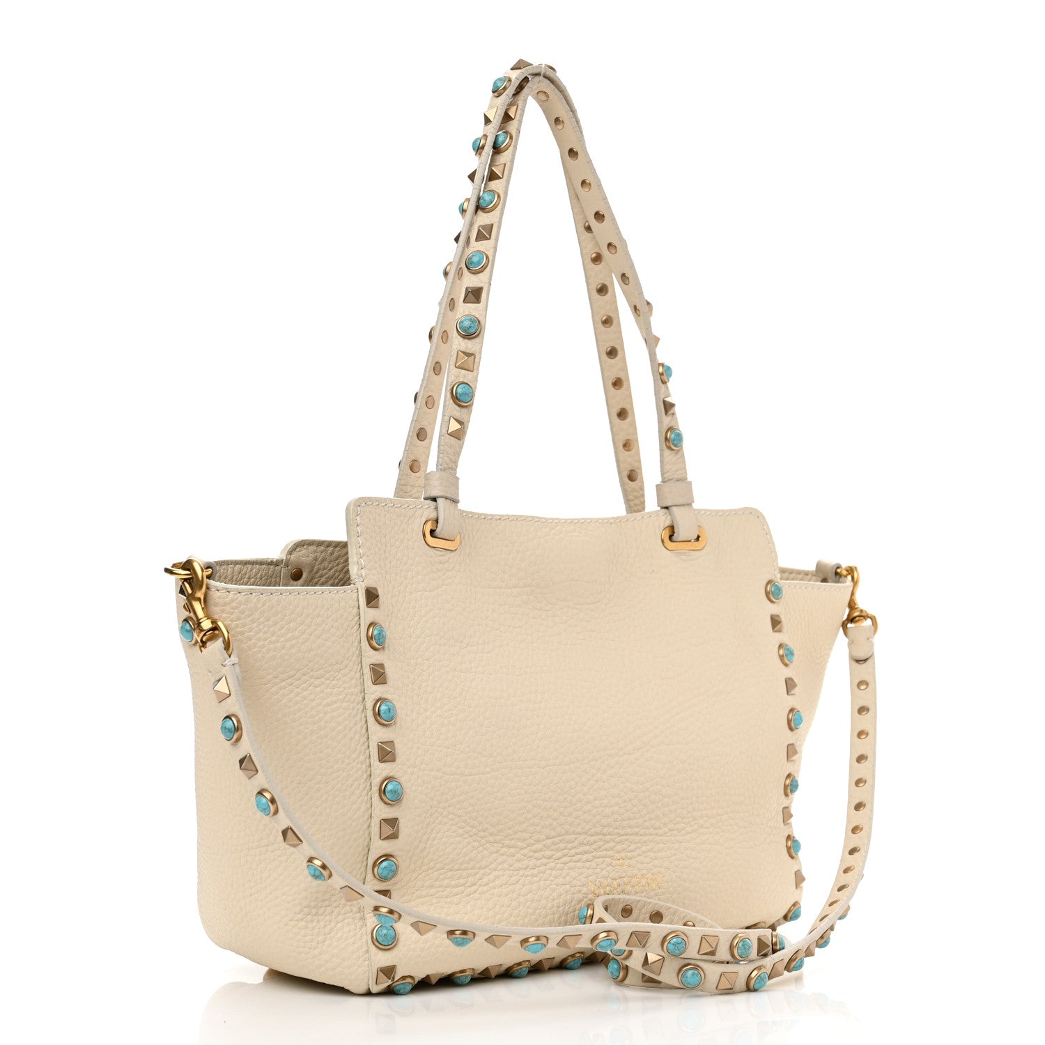 Valentino Garavani Grained Calfskin Turquoise Small Rockstud Rolling Tote Light Ivory 3 of 16