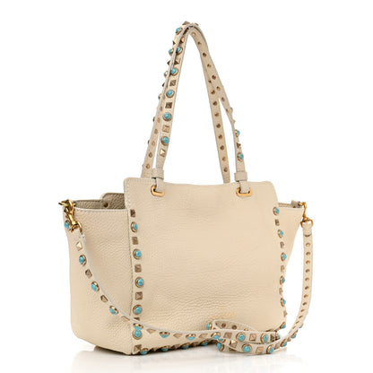 Valentino Garavani Grained Calfskin Turquoise Small Rockstud Rolling Tote Light Ivory 3 of 16