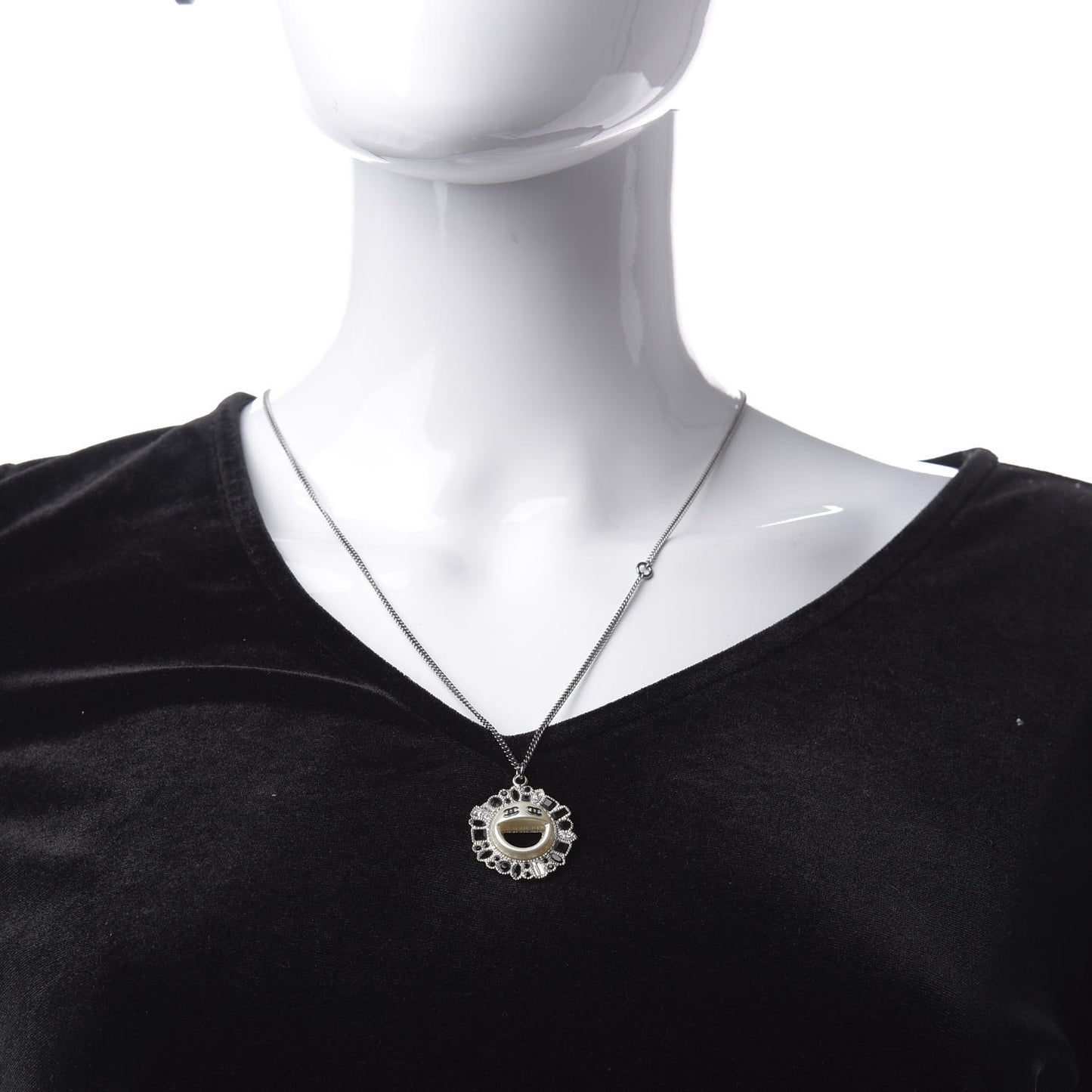 Crystal CC Smiley Emoji Pendant Necklace Silver Black