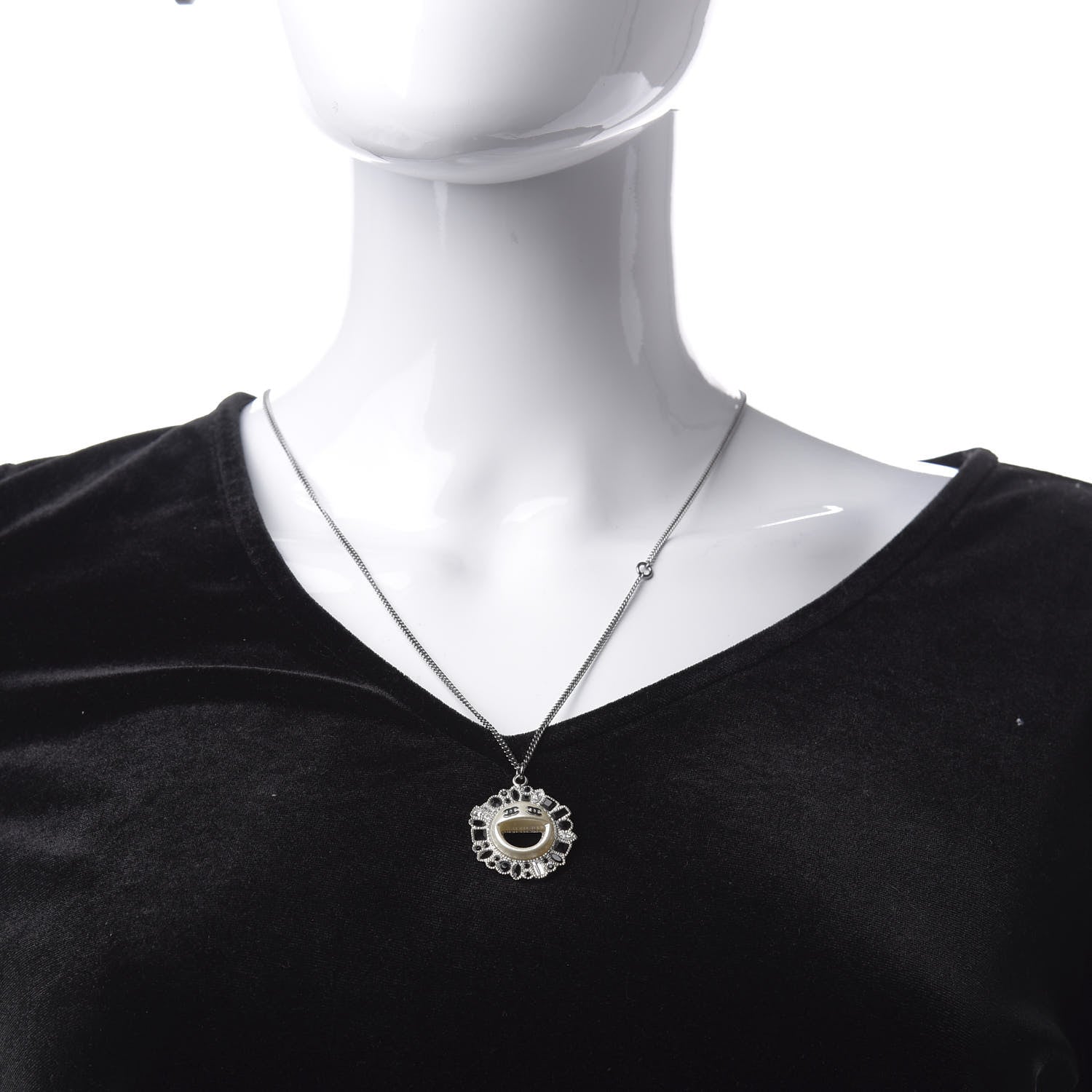 Chanel Crystal CC Smiley Emoji Pendant Necklace Silver Black 1 of 5