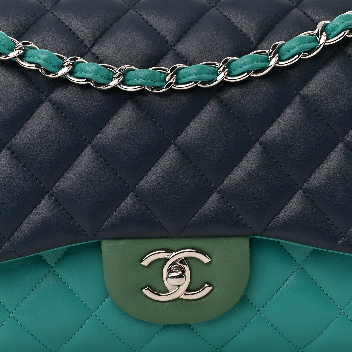 Lambskin Quilted Tri-Color Jumbo Double Flap Navy Blue Green