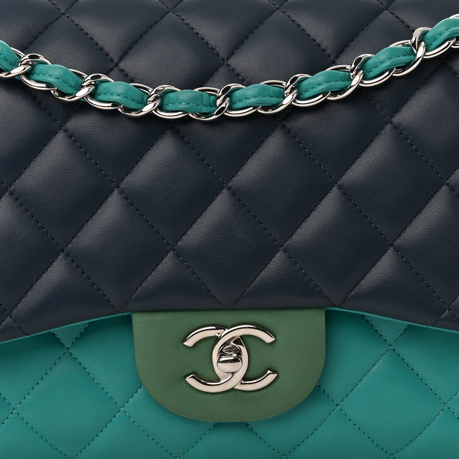 Chanel Lambskin Quilted Tri-Color Jumbo Double Flap Navy Blue Green 8 of 10