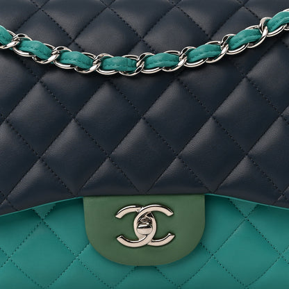 Chanel Lambskin Quilted Tri-Color Jumbo Double Flap Navy Blue Green 8 of 10