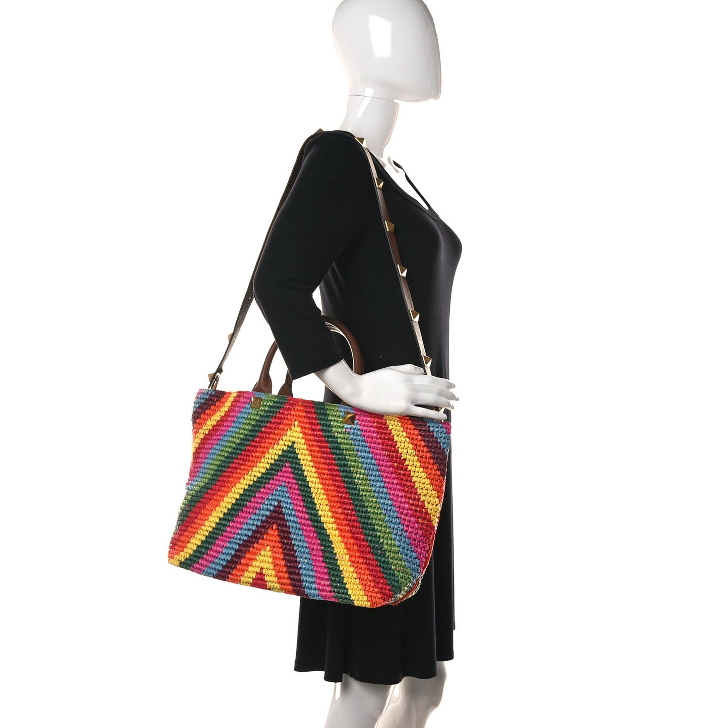 Raffia Calfskin Rockstud Summer Tote Multicolor
