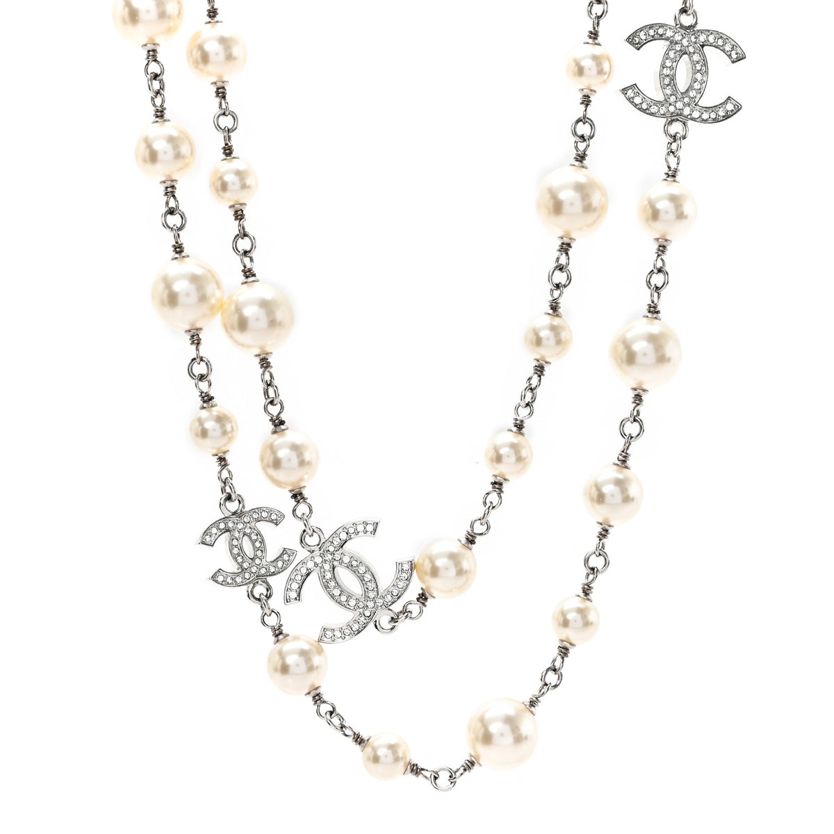Chanel Crystal Pearl CC Long Necklace Silver 1 of 5