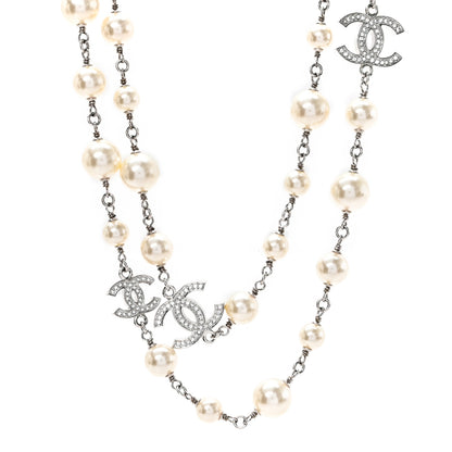 Chanel Crystal Pearl CC Long Necklace Silver 1 of 5