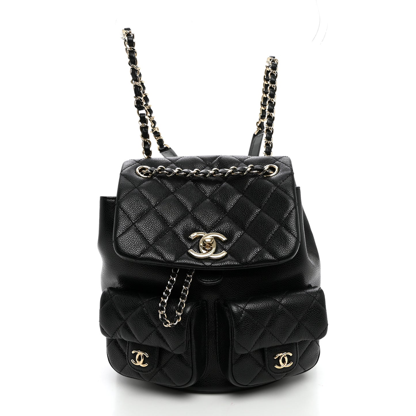 Shiny Caviar Quilted Small Duma Pockets Drawstring Backpack Black