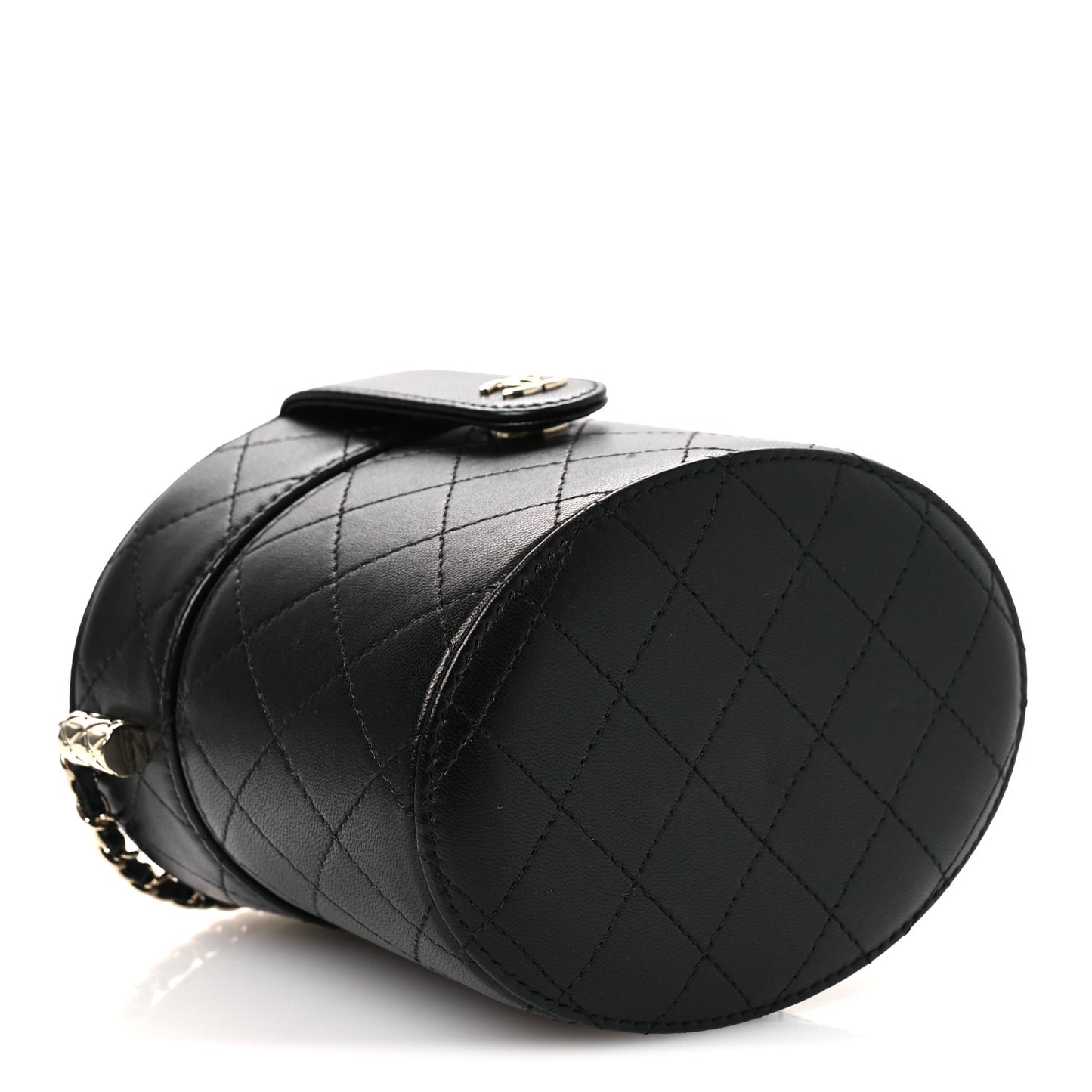 Lambskin Quilted Round Vanity Case With Chain Black