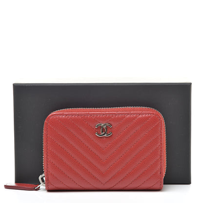 Chanel Caviar Chevron Quilted Zip Around Coin Purse Red 8 of 8