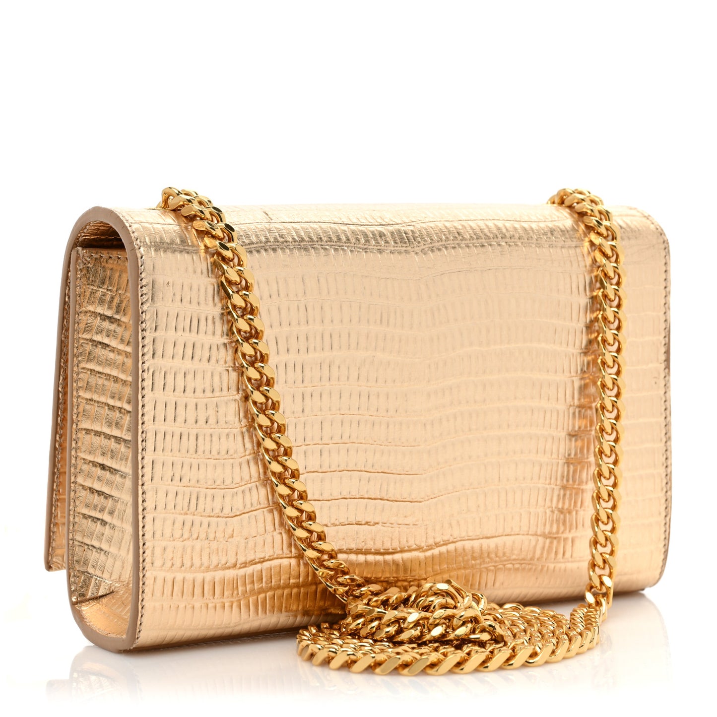 Metallic Calfskin Crocodile Embossed Small Classic Monogram Kate Tassel Satchel Gold