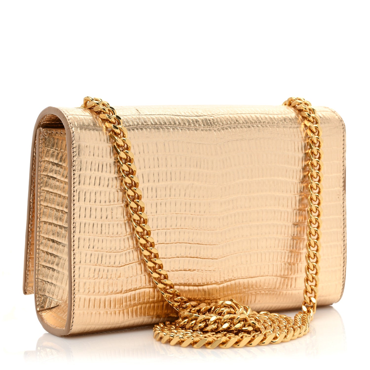 Saint Laurent Metallic Calfskin Crocodile Embossed Small Classic Monogram Kate Tassel Satchel Gold 3 of 12
