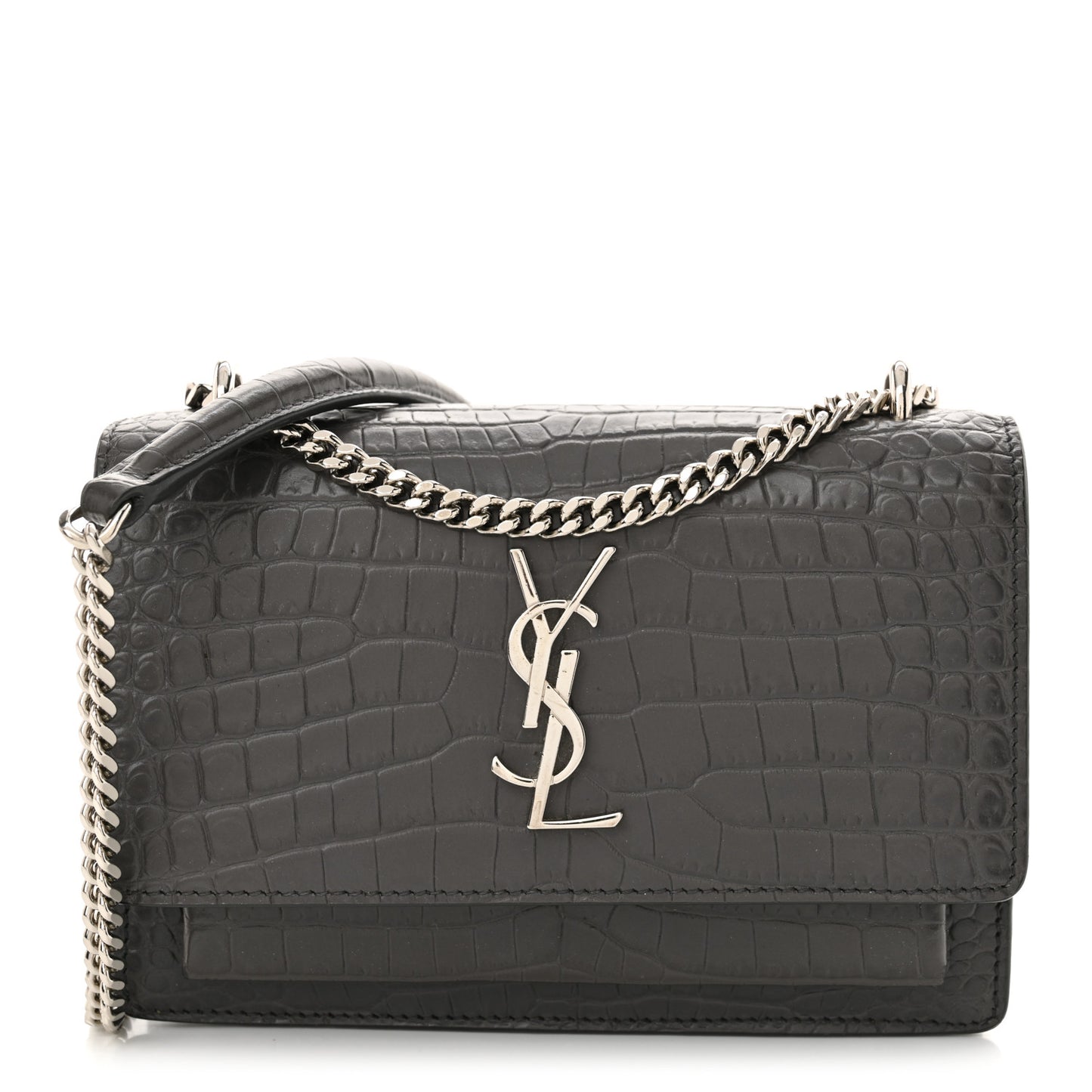 Calfskin Crocodile Embossed Monogram Sunset Chain Wallet Graphite