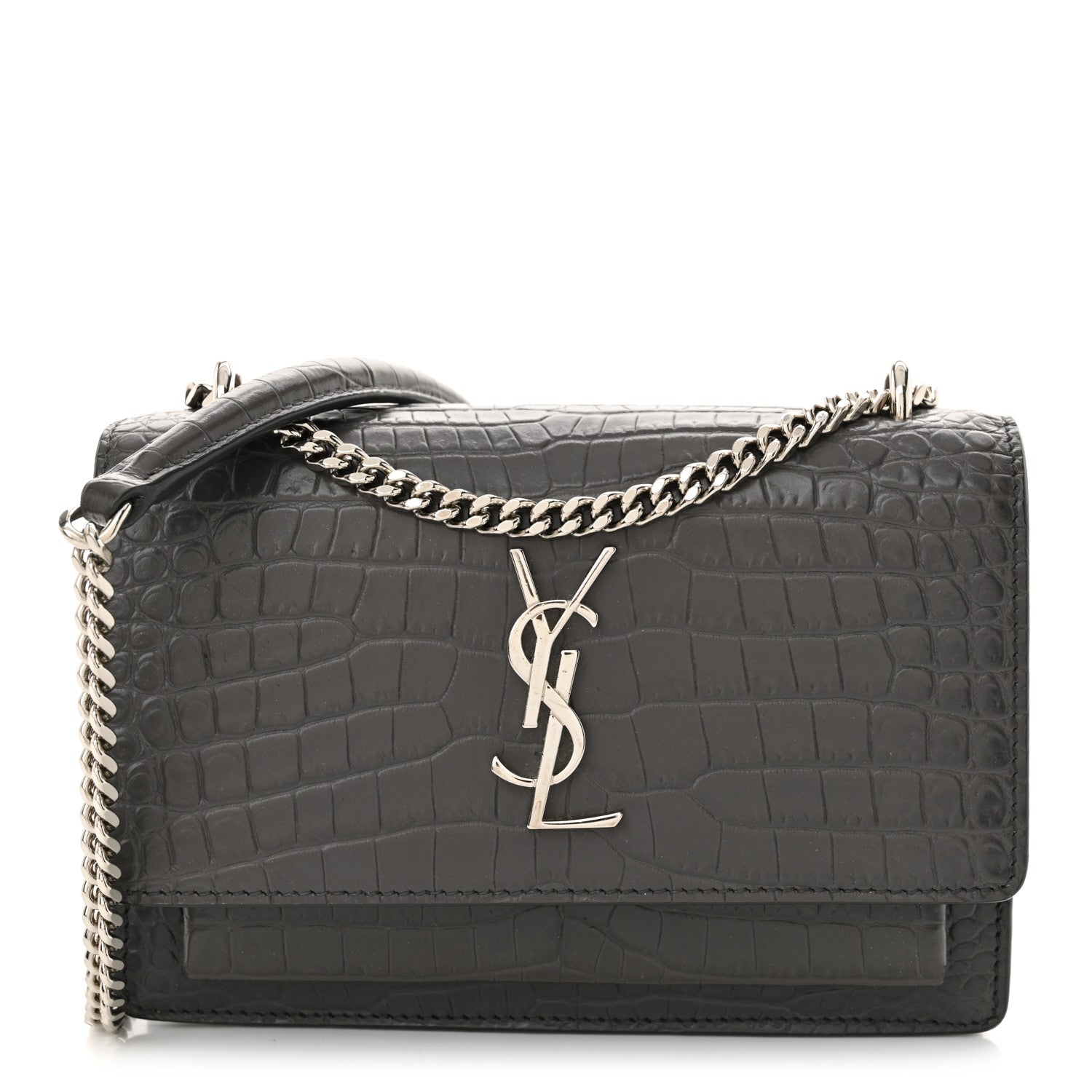 Saint Laurent Calfskin Crocodile Embossed Monogram Sunset Chain Wallet Graphite 1 of 12