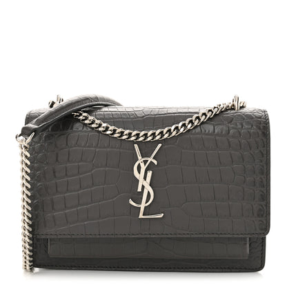 Saint Laurent Calfskin Crocodile Embossed Monogram Sunset Chain Wallet Graphite 1 of 12