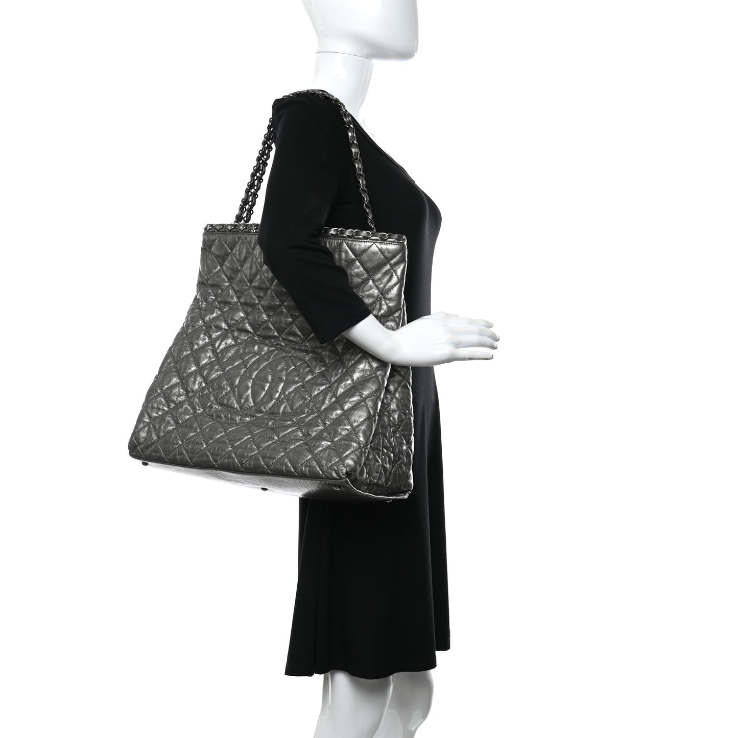 Metallic Aged Calfskin Quilted Large Chain Me Tote Silver