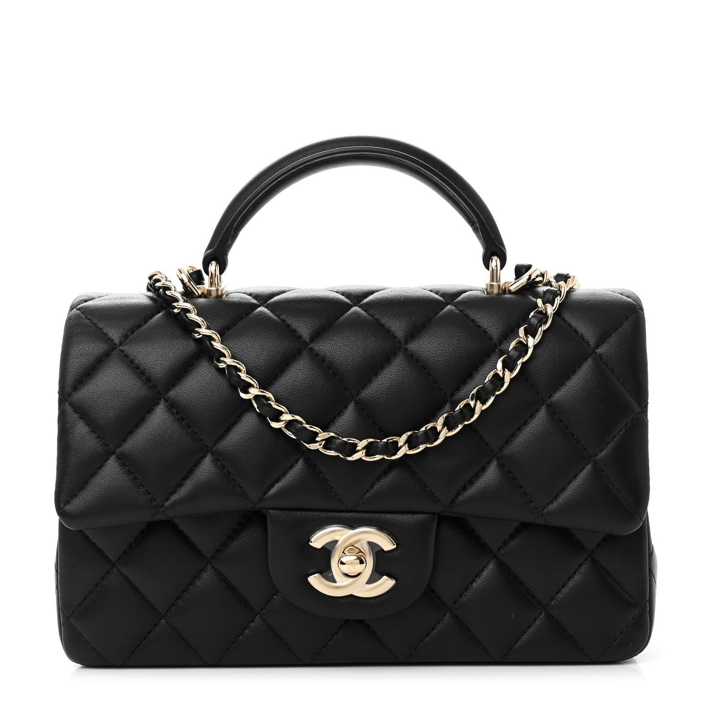 Lambskin Quilted Mini Top Handle Rectangular Flap Black