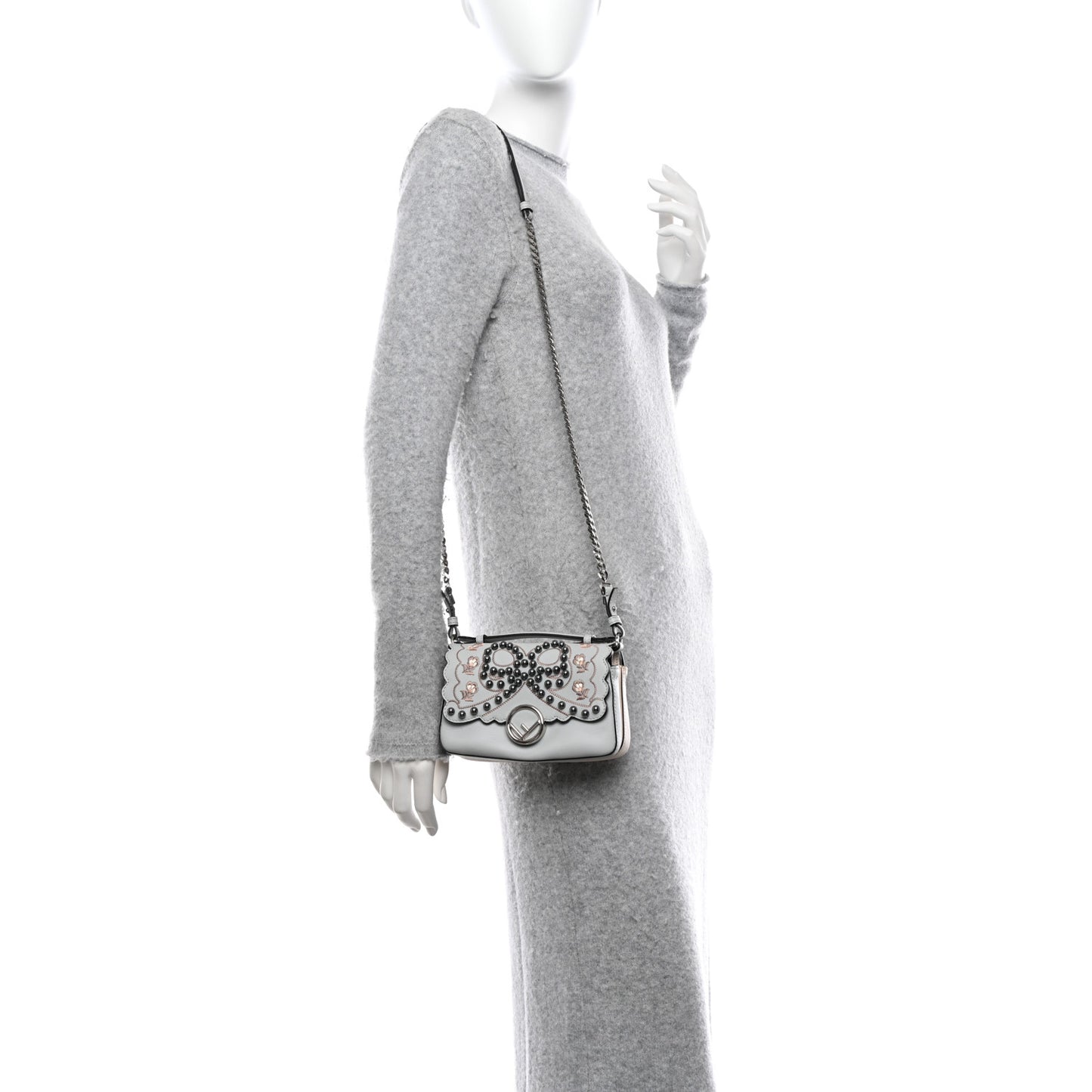 Vitello Dolce F is Fendi Flowers and Bows Scalloped Micro Double Baguette Grigio Perla Camelia