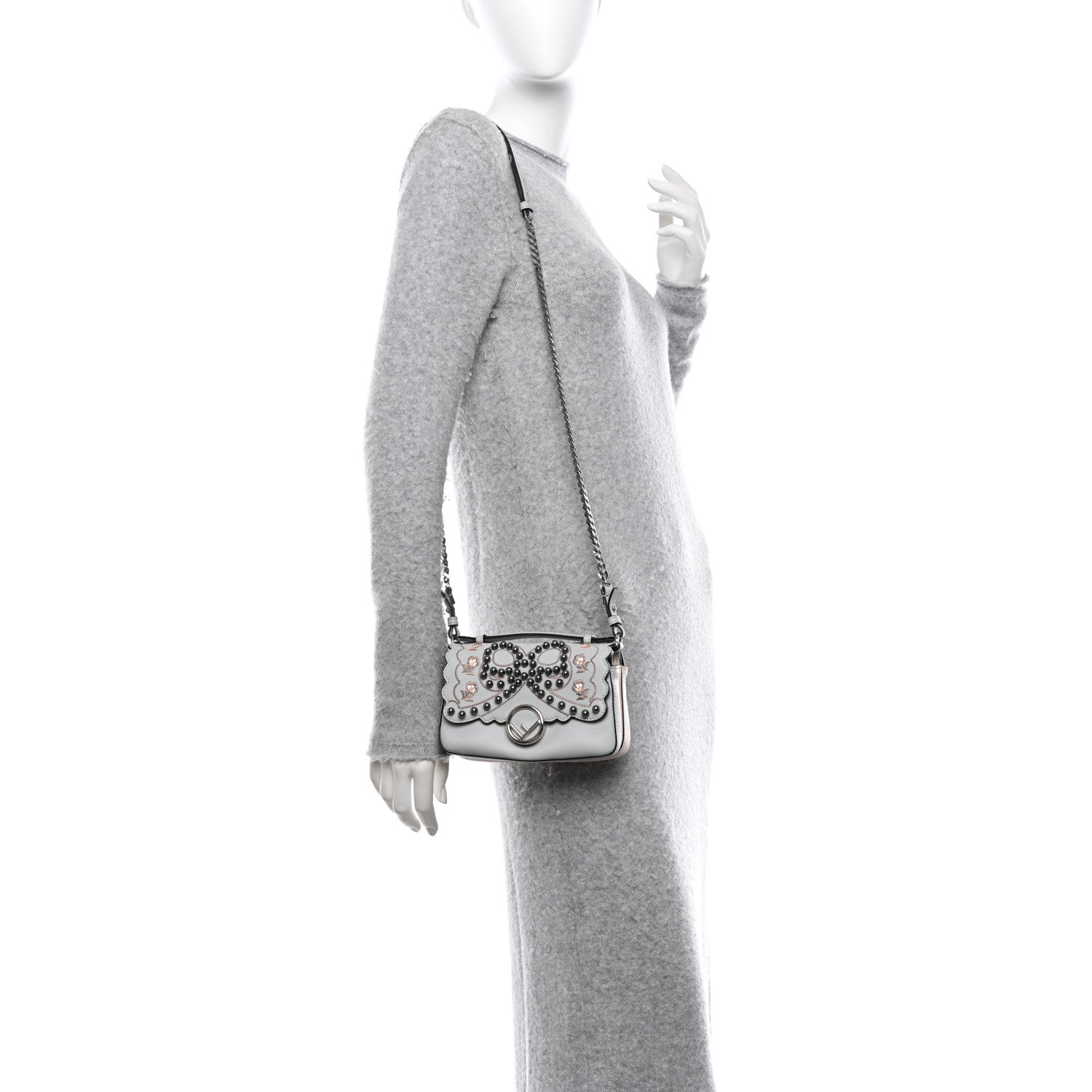 Fendi Vitello Dolce F is Fendi Flowers and Bows Scalloped Micro Double Baguette Grigio Perla Camelia 2 of 11