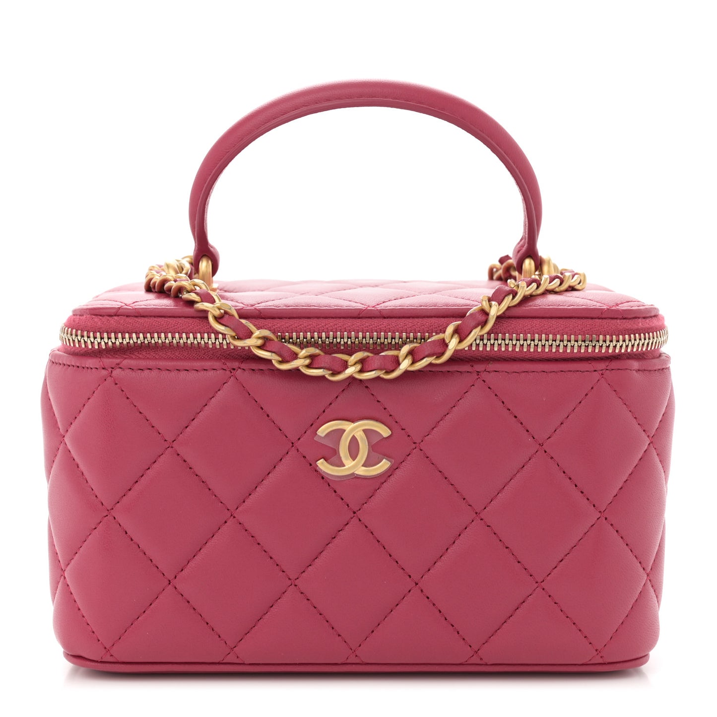 Lambskin Quilted Small Top Handle Vanity Case With Chain Dark Pink