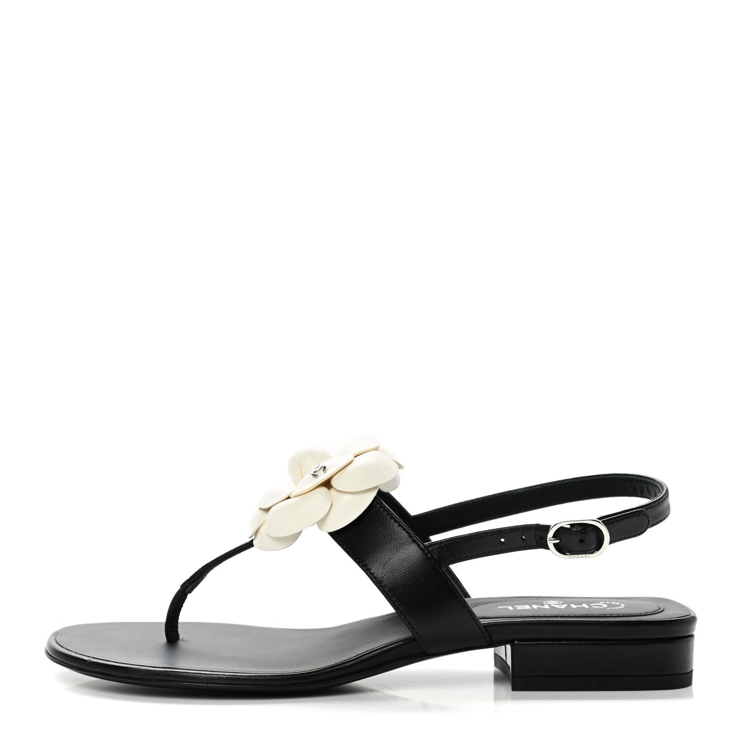 Lambskin Camellia Thong Sandals 36.5 Black White