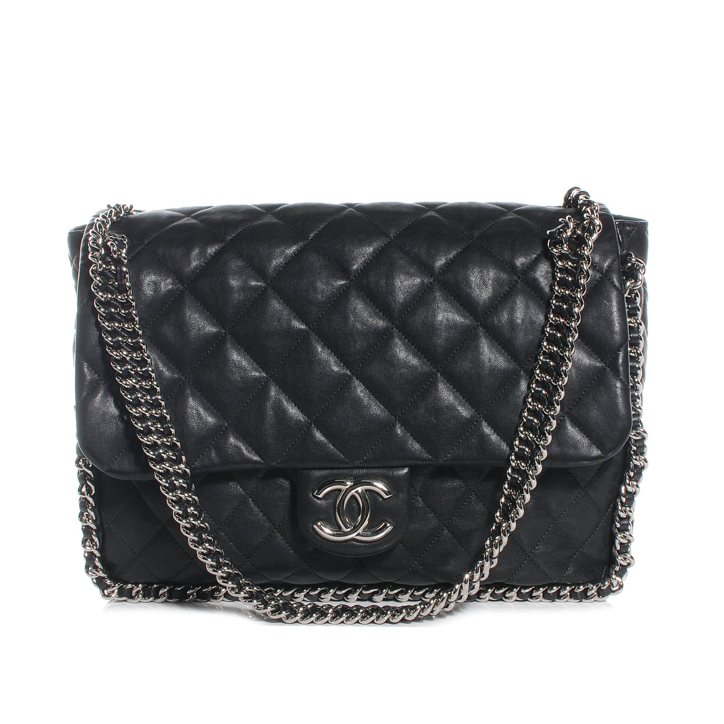 Washed Lambskin Chain Around Maxi Flap Bag Black