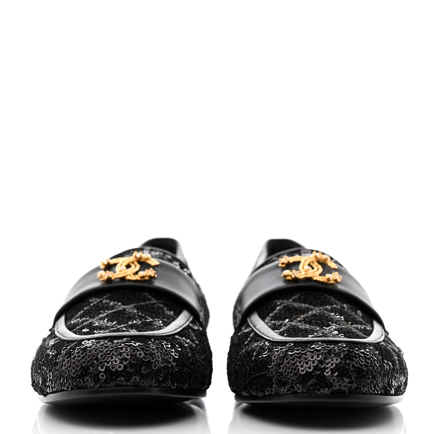 Chanel Sequin Lambskin Quilted CC Loafers 37.5 Black 2 of 9