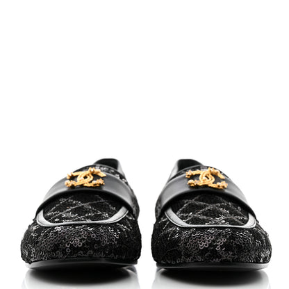 Chanel Sequin Lambskin Quilted CC Loafers 37.5 Black 2 of 9