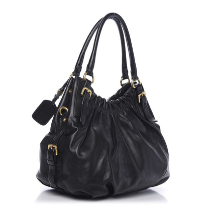 Prada Soft Calfskin Pleated Hobo Black 3 of 9