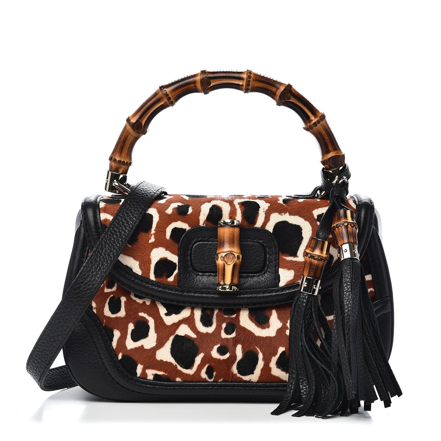 Gucci Calf Hair Leopard Print Medium New Bamboo Top Handle Bag Red 1 of 17