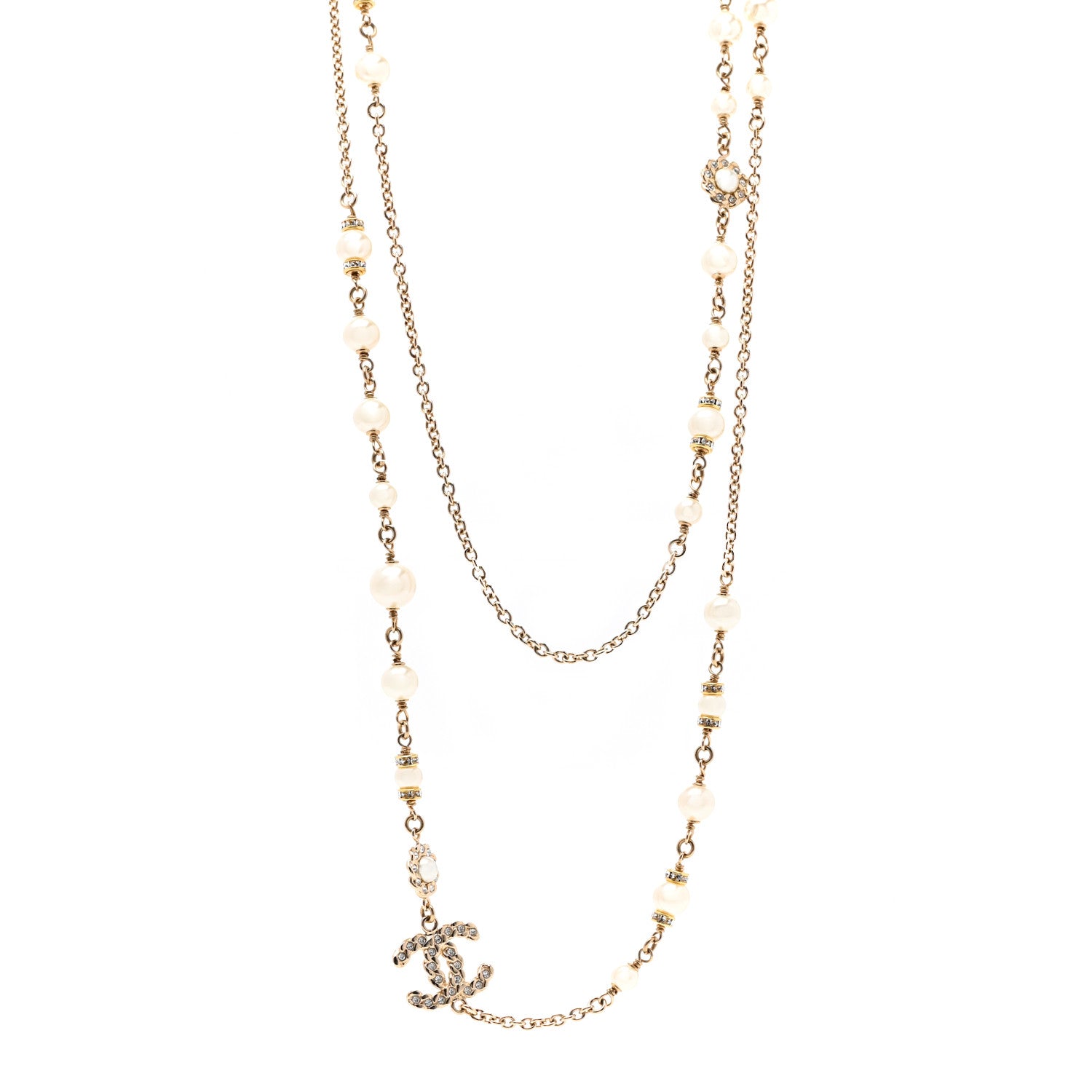 Chanel Crystal Pearl Pearls Coronation CC Long Necklace Gold 1 of 5