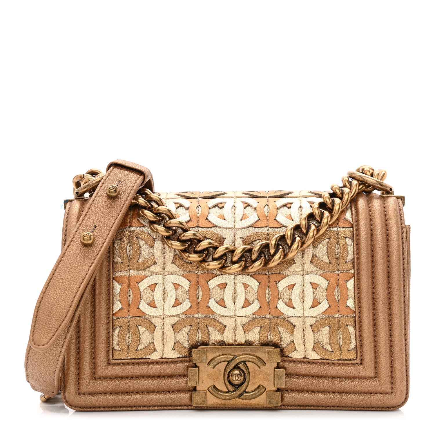 CHANEL Metallic Lambskin Medium Golden CC Boy Flap Dark Gold FASHIONPHILE