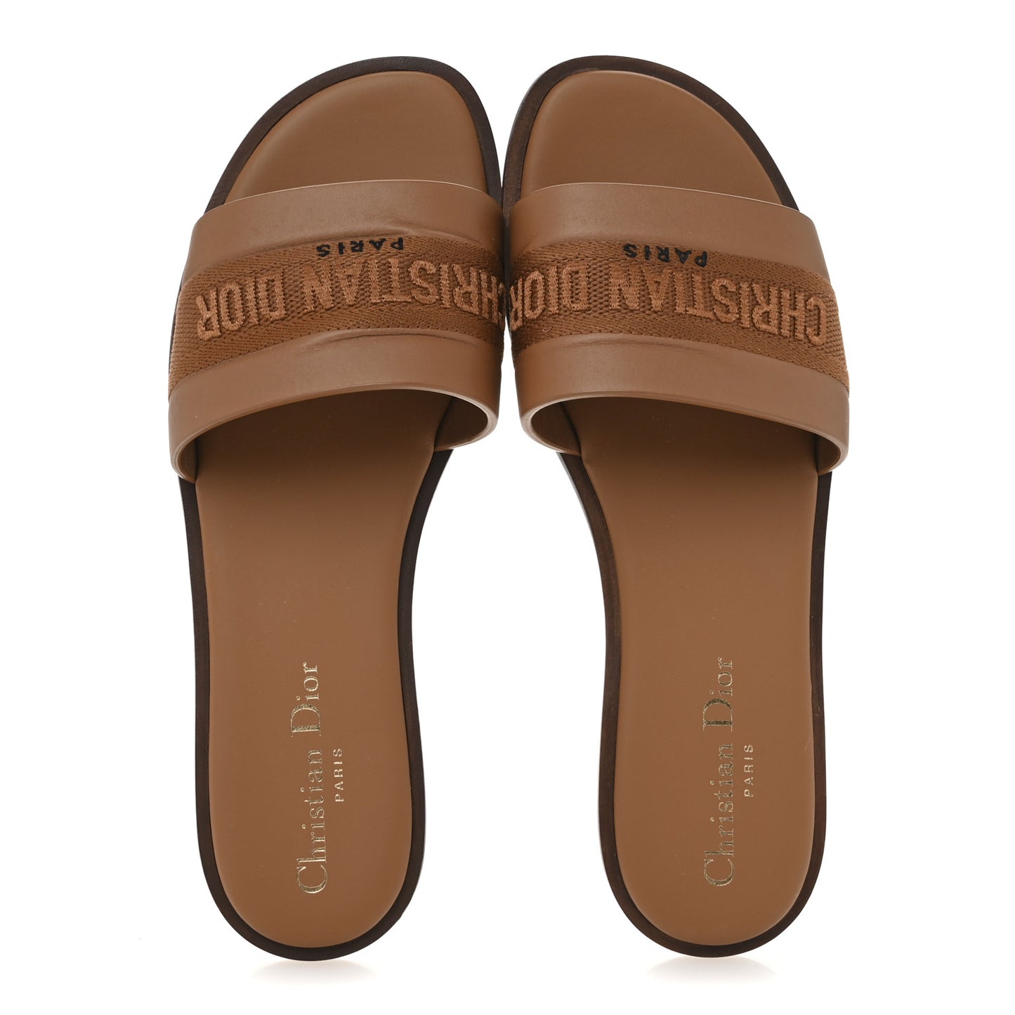 Calfskin Canvas Embroidered Dway Flat Slide Sandals 38 Camel