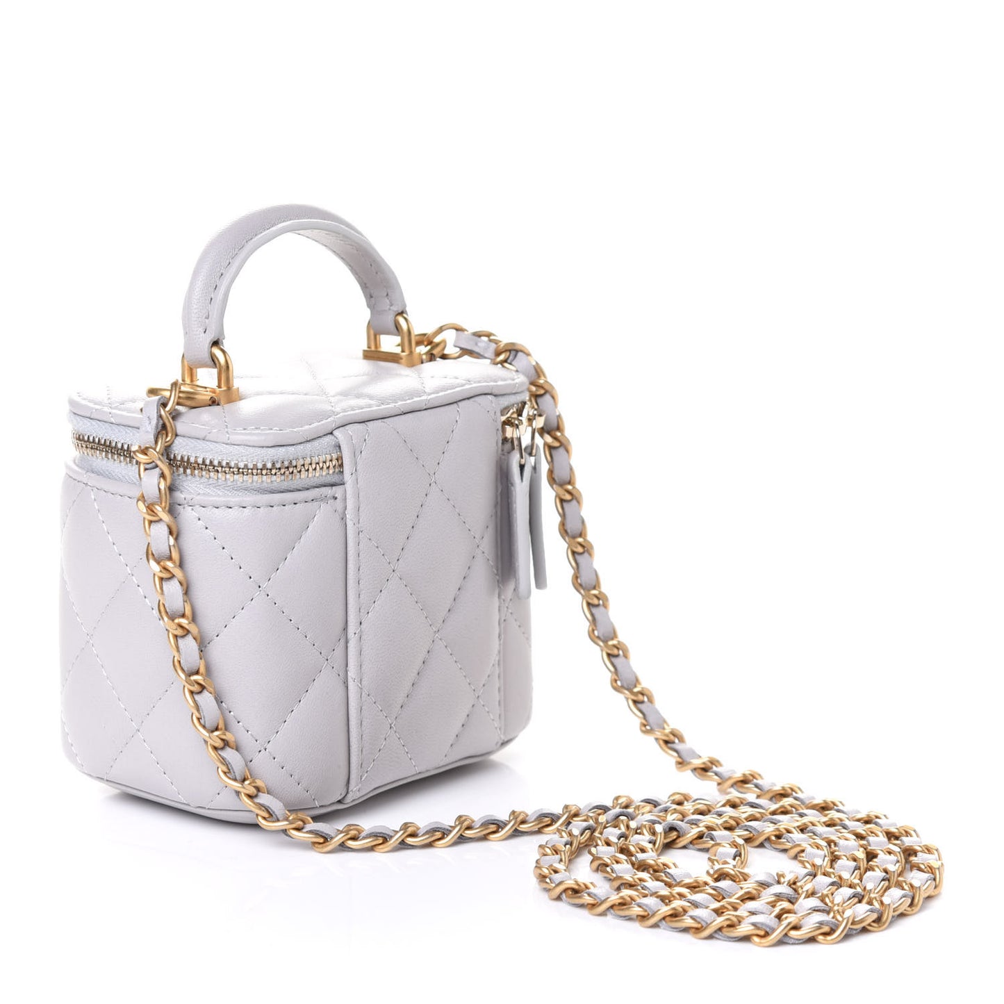 Lambskin Quilted Top Handle Mini Vanity Case With Chain Grey