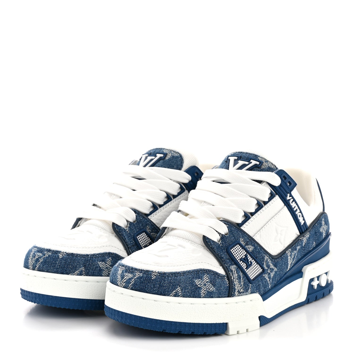 Louis Vuitton Calfskin Embossed Monogram Denim Womens LV Trainer Sneakers 35.5 Blue 4 of 9