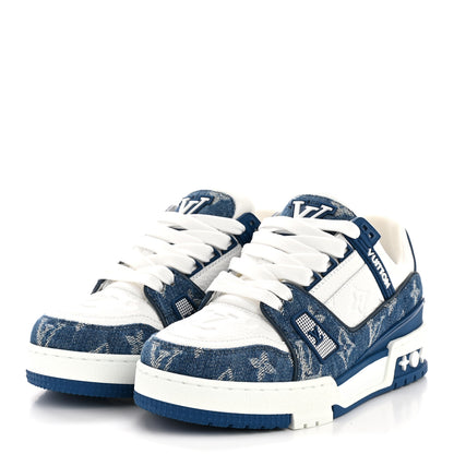 Louis Vuitton Calfskin Embossed Monogram Denim Womens LV Trainer Sneakers 35.5 Blue 4 of 9