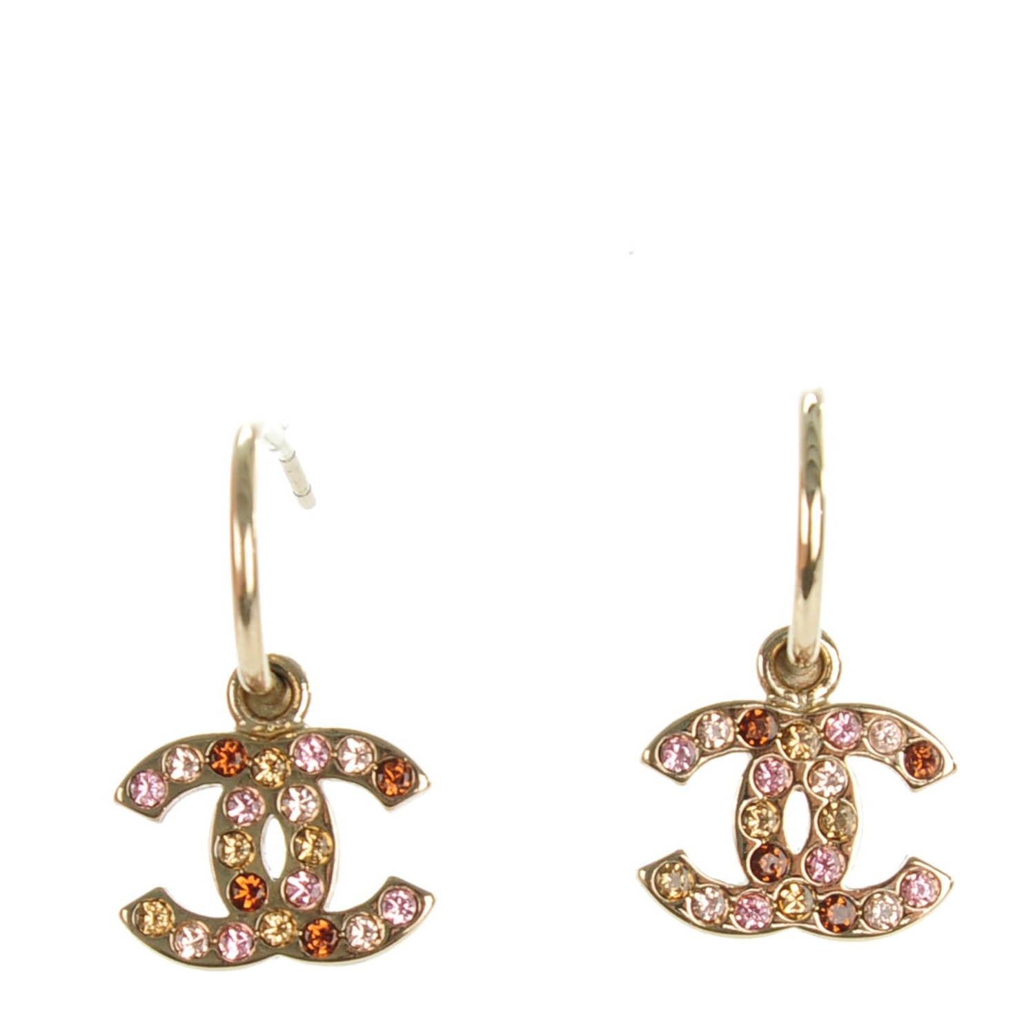 Chanel Crystal CC Hoop Earrings Gold Pink 1 of 5