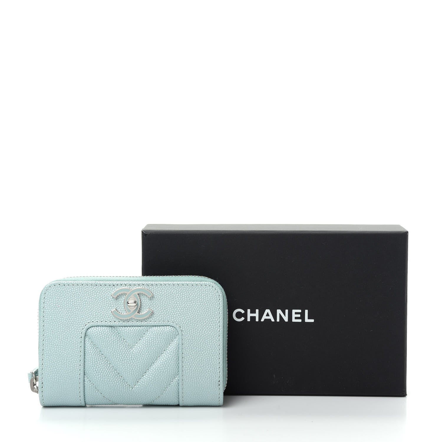 Chanel Metallic Caviar Chevron Quilted Vintage Mademoiselle Zip Coin Purse Light Blue 8 of 8